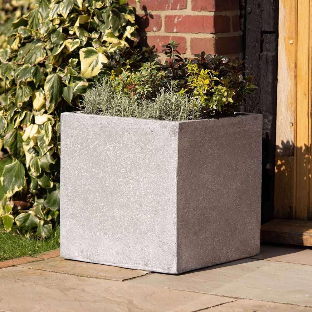 Grey Cube Handmade Fiberstone Planter Indoor Outdoor Square Pot 50cm